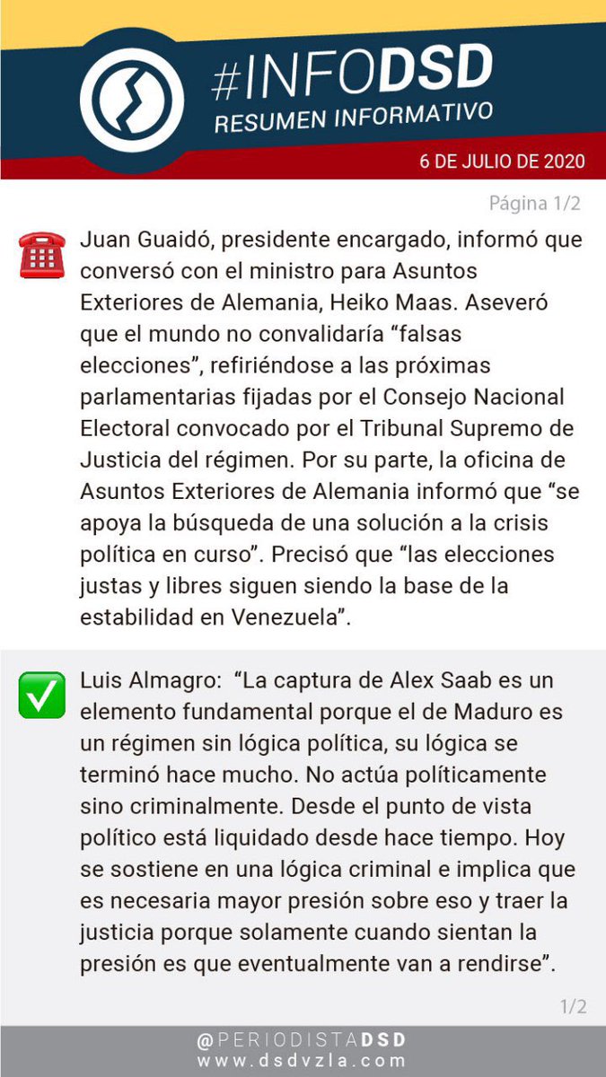 PeriodistaDSD's tweet photo. #6Jul Comparte en tus chats e historias de redes sociales nuestro Resumen Informativo #InfoDSD

Información precisa y veraz 🇻🇪🗞

#SinLuz #COVIDー19 #BenditaCuarentena https://t.co/G1J6TC5y80