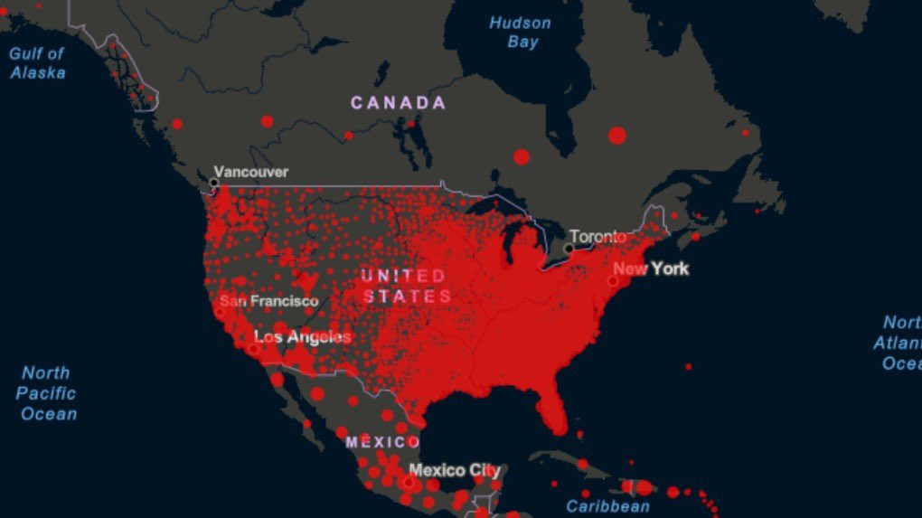 allybear64's tweet image. Scary stuff: Heat map of #COVID19 cases in US and Canada. Keep our #borderclosed please. Map courtesy of Johns Hopkins Uni. #TrumpFailedAmerica