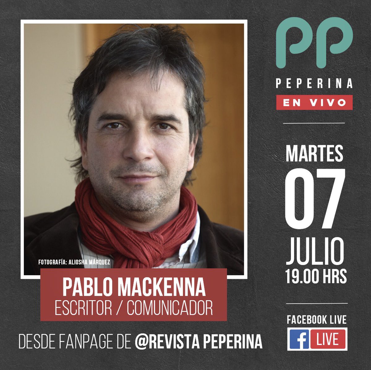 RevistaPeperina's tweet photo. Mañana a partir de las 19:00 hrs., a través de #facebooklive en el FanPage de #revistapeperina conversaremos con el reconocido poeta y comunicador de radio y televisión @pablomackenna sobre actualidad, literatura y otras hierbas. 

Los esperamos. https://t.co/sKWygG2dM4