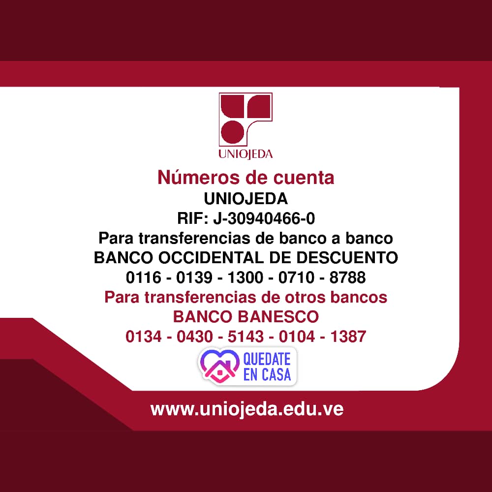 Inscripciones para los estudiantes becados de la Fundación Luis Hómez en <a href="/uniojeda/">UNIOJEDA</a> <a href="/FacIngUniojeda/">Fac Ing Uniojeda</a> 
Recuerda que debes acceder al sitio web de la universidad uniojeda.edu.ve #QuédateEnCasa