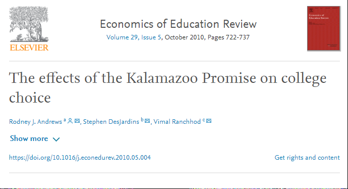 Another of my favorite papers by  @Rodprime is his work on Promise Scholarships in Econ of Ed Review. Rodney examines the effect of Kalamzoo Promise on college choices.  https://www.sciencedirect.com/science/article/abs/pii/S0272775710000634
