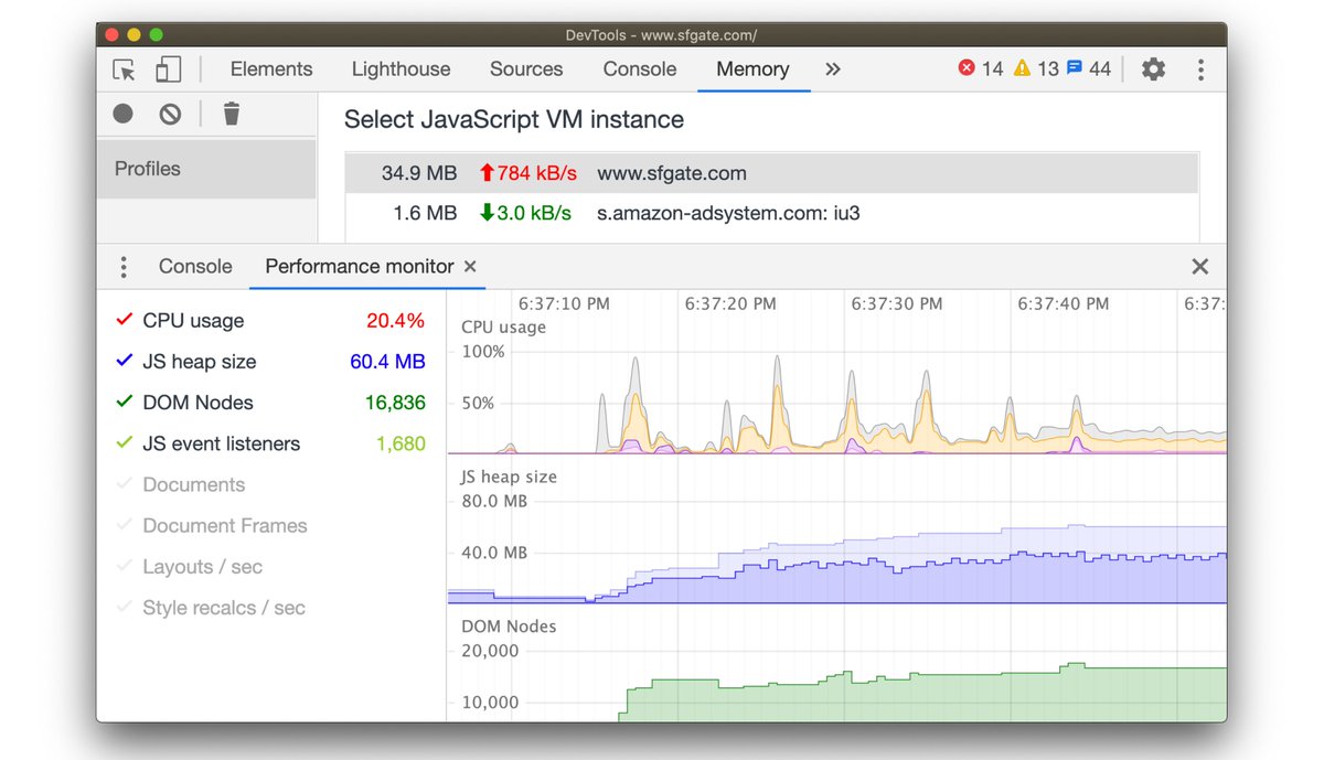 addyosmani's tweet photo. ❤️ the Performance Monitor in @ChromeDevTools. Gives you a real-time view of CPU use, JS heap size, JS event listeners, style recalcs &amp; more: https://t.co/tc6CyTya3O https://t.co/BWSi8klGkE
