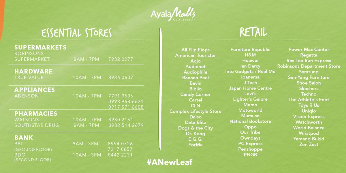 ilovecloverleaf's tweet photo. AYALA MALLS CLOVERLEAF Store Guide | July 7, 2020

Quarantine passes are no longer required. Just present your valid ID upon entering the mall. 

Visit our virtual directory: https://t.co/11A1hO6jjC for more details. Schedule may change without prior notice. https://t.co/LvGEzx0RCC