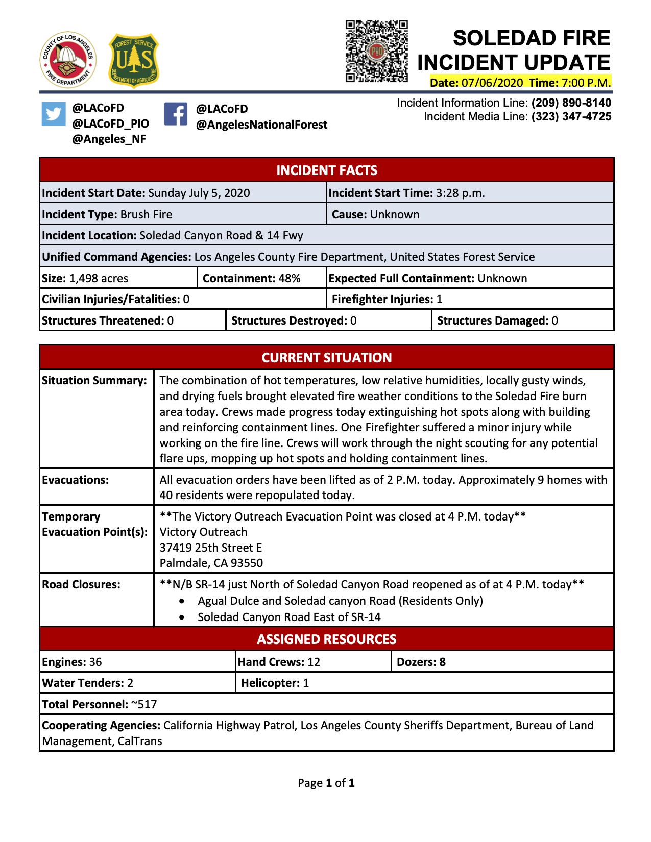 L A County Fire Department Soledadfire Incident Update 07 06 1900hrs