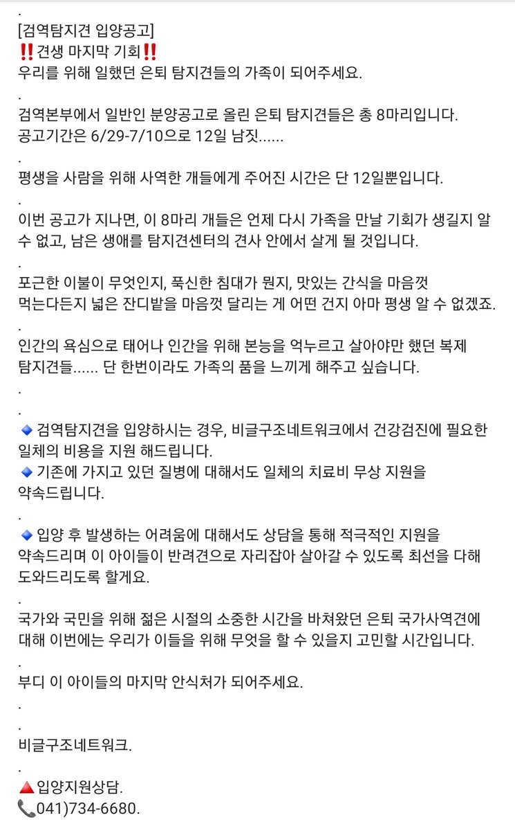 seonucat's tweet photo. https://t.co/zWKo4WmSCc
검역탐지 은퇴견들 입양가지 못하면 평생 견사에 갇혀 살아야하는데 공고기간이 겨우 사흘 남았대요. 비구협에서 기존 질환 의료비 지원해주신다고 하니 관심 부탁드려요 남은 견생 집밥 먹게 해주세요🙏 https://t.co/kqyqR7uYor