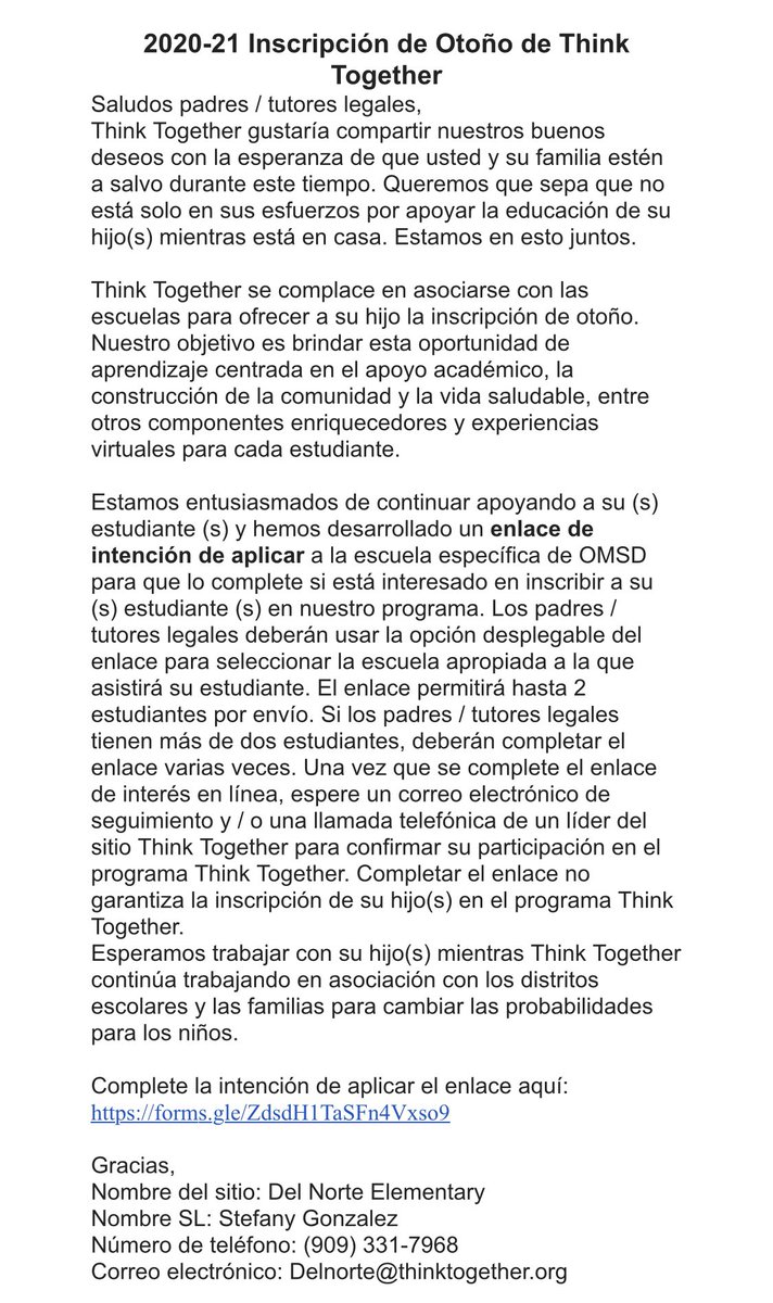 If you are interested in the Think Together after school program for the upcoming school year please read this letter and fill out your information using the link below:                                                              forms.gle/ZdsdH1TaSFn4Vx…