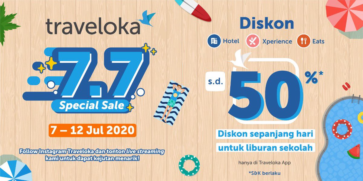 GIVEAWAY!!! 🏢

Mau staycation? Kamu yang beruntung bisa gratis nginep di hotel 2D1N nih.

Syaratnya:
• Follow aku
• RT &amp; LIKE tweet ini
• Reply domisili &amp; salin kalimat "IKUT TRAVELOKA 7.7 SPECIAL SALE"
• Sertakan banner di bawah ini.

Ditunggu sampai malam ini, ya.