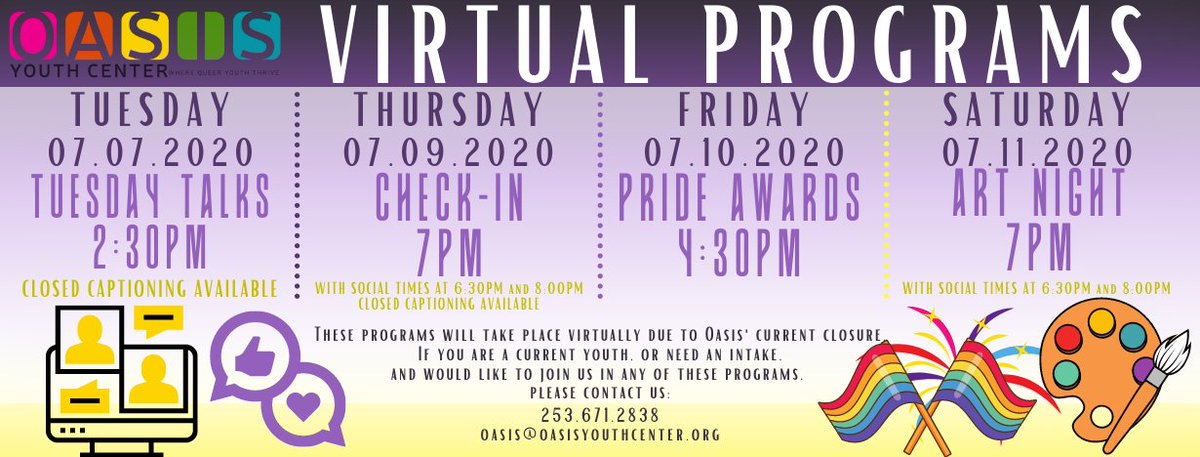 oasistacoma's tweet photo. Wanna know what's happening at Oasis this week? Well you're in luck, here is our Virtual Programming Schedule! We hope to see you at one or all of our fun programs. Reach out if you want to attend or want more info😁

#oasis #LGBTQ #PRIDE2020 #TacomaPride #queeryouth https://t.co/qF5Kdyf8fY