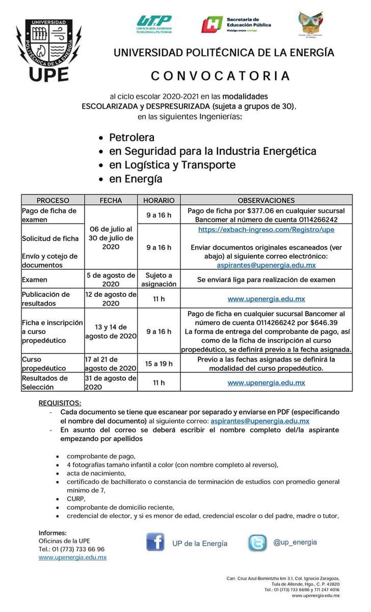 📣 Atención 📣

Te compartimos nuestra tercer convocatoria de ingreso para el ciclo escolar 2020-2021. Consulta en upenergia.edu.mx/PDF/CONVOCATOR…

Un lugar para los mejores... y tú ¡tienes que estar!

¡Sé un #AtlanteUPE! ¡No te quedes fuera!

#HaztuCarreraEnLaUPE