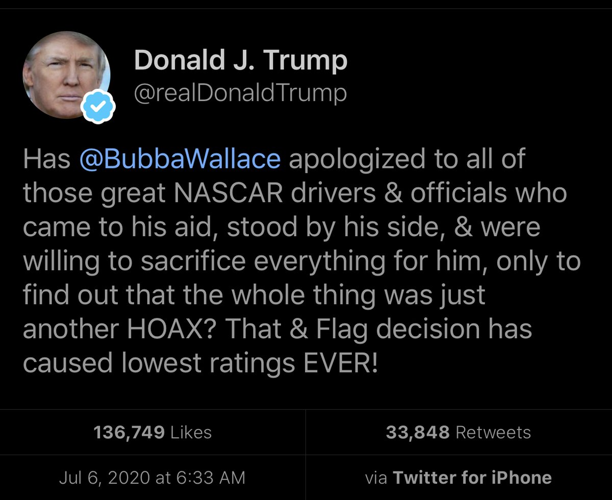 jeff_gluck's tweet photo. As of 10 pm ET, the @BubbaWallace message of “Love over hate” has far more likes and retweets than  @realDonaldTrump’s tweet toward Wallace this morning. https://t.co/zXqvKGd33z