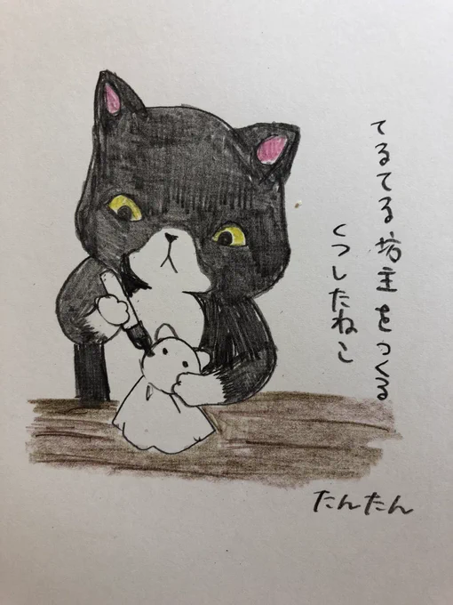 てるてる坊主をつくる靴下猫
#お絵かき
#猫
#色鉛筆 