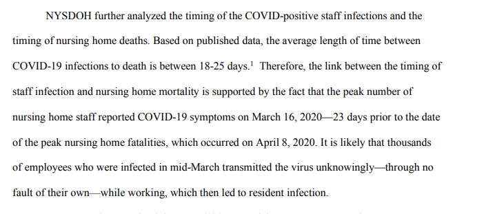 2/ Here's the key reasoning of the "analysis."  @NYGovCuomo administration blames death on staff because of "average length of time between infections to death is between 18 - 25 days" and peak of staff symptoms to death was 23 days.