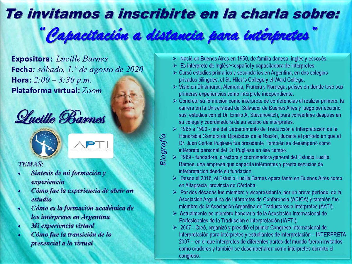 APTI_Panama's tweet photo. Le invitamos a esta capacitación dictada por Lucille Barnes de 2:00 p. m. a 3:00 p. m. via Zoom. Para registrarse contacte a secretaria@aptipanama.net https://t.co/d4Nfmej4RL