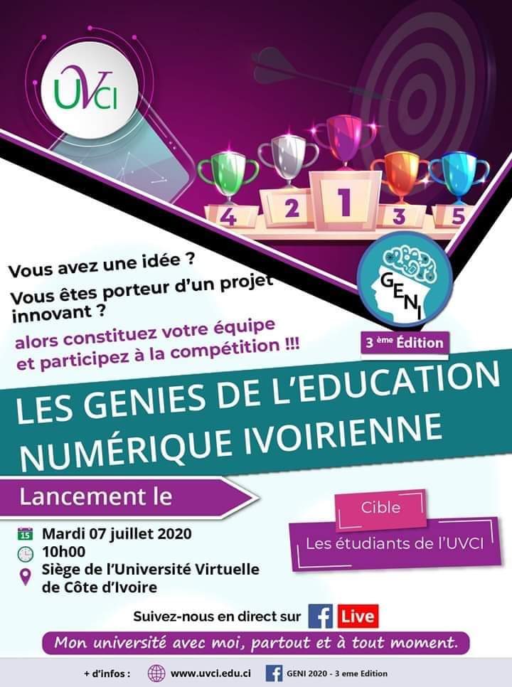 KaboreNafissat5's tweet photo. Enfin la 3ème #Edition de la compétition.
Ce lancement sera diffusé en direct sur notre page facebook officielle 👉 Université Virtuelle de Côte d'Ivoire. Pour les inscriptions, rendez-vous sur 👉 https://t.co/ku1XISHGn8
@tiemoman @loboclem  @almamy_ly @julie_kadio @MarouBamba https://t.co/iTNpk0WhHf