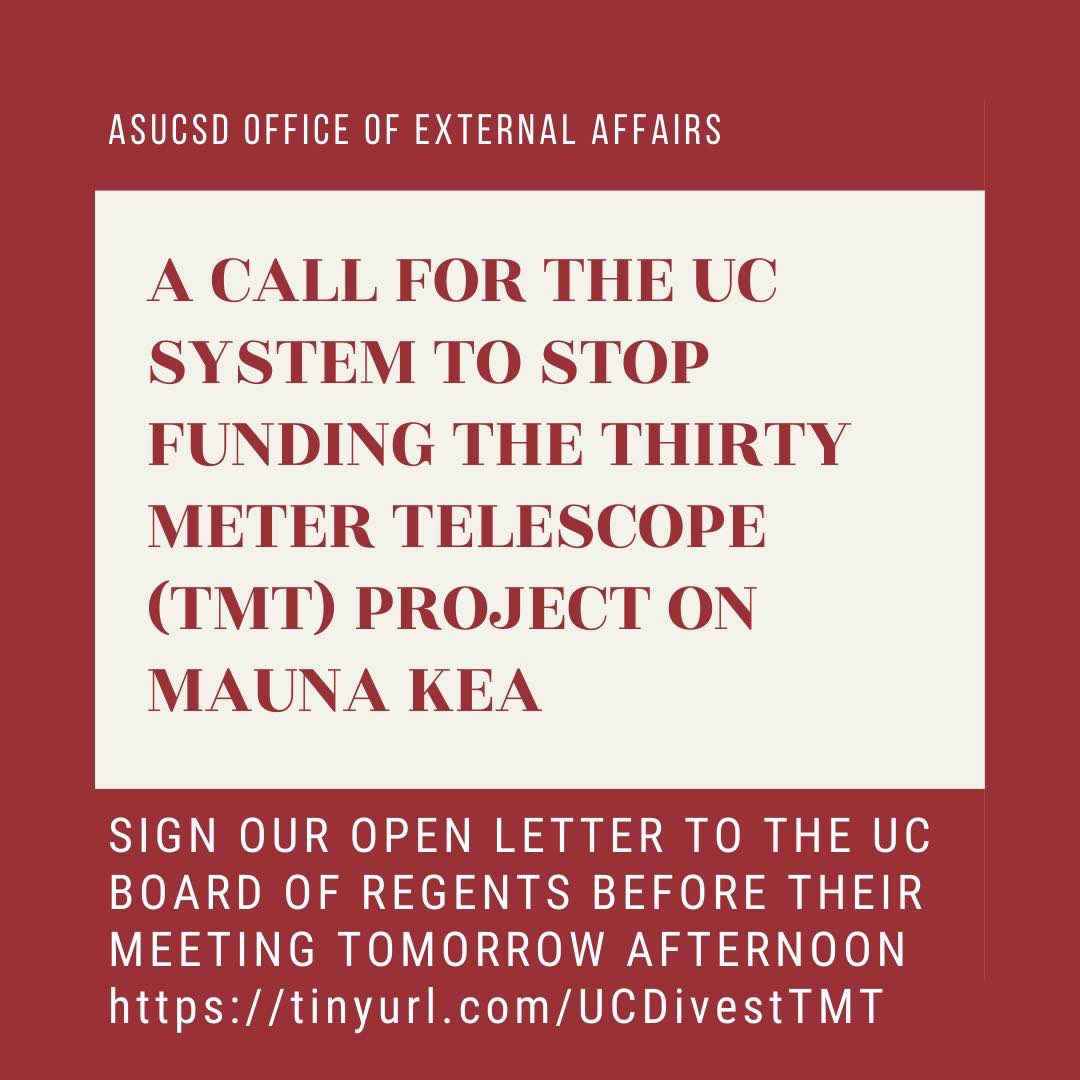 make the uc divest from building on indigenous lands ! please share and sign our letter to the uc regents ! 
Tinyurl.com/UCDivestTMT