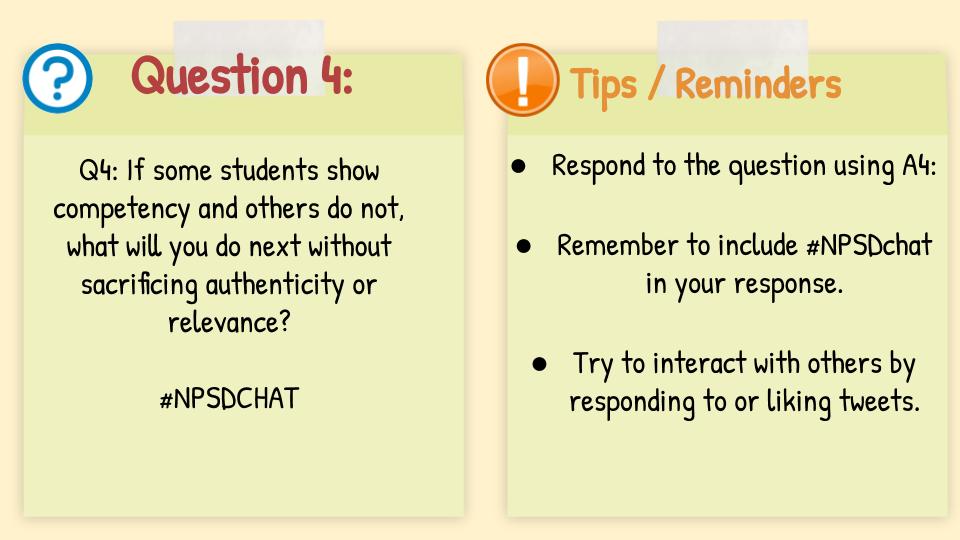 megburkeall4ed's tweet photo. Wow! We have reached our last question. Q4 is extremely relevant and important, especially at the start of the year knowing students will be at various levels impacted by remote learning and other social/emoitonal factors. #NPSDCHAT https://t.co/0i8s0637x8