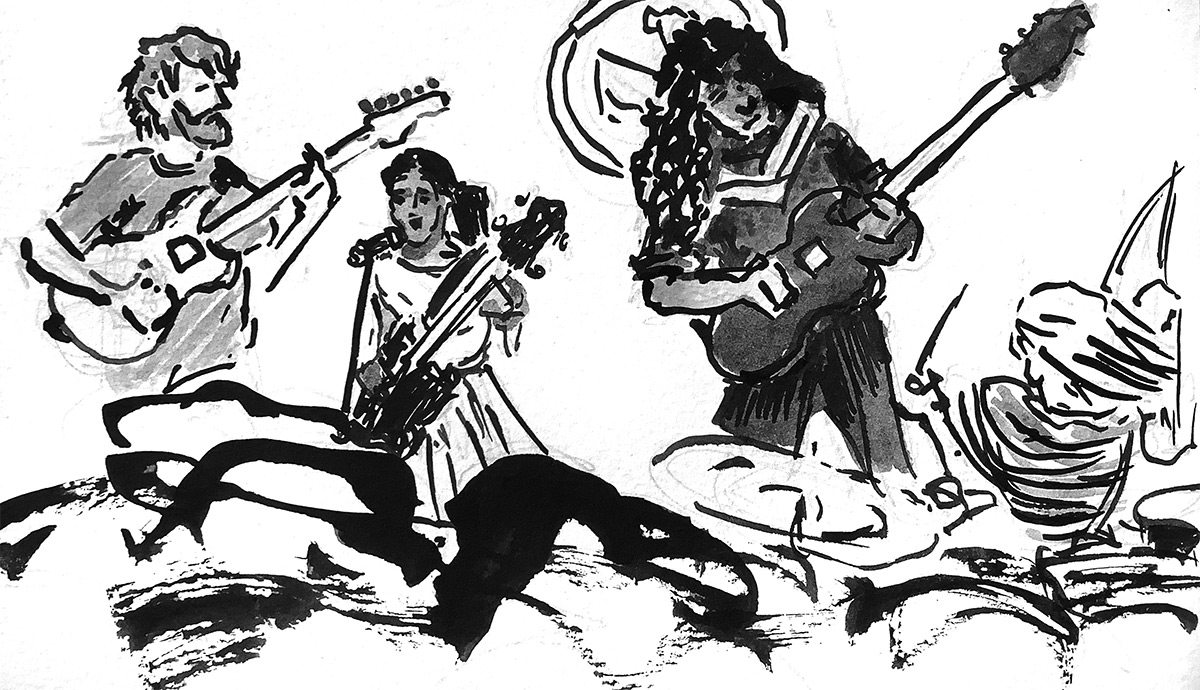 illustratedamtr's tweet photo. @deerhoof performing at the @GreyEagleMusic in 2019, reviewed and drawn (with admittedly rusty hands). #liveMusic #drawingMusic https://t.co/B1yej34LRU