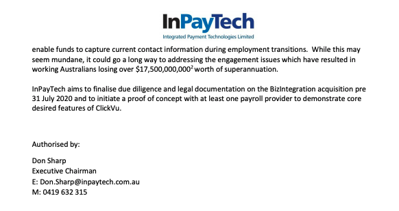 Bong_PreahChan's tweet photo. $IP1 chart looking set for moves up on the back on yesterday's news.
InPayTech aims to finalise DD & legal docs for #BizIntegration acquisition pre EOM & to initiate a proof of concept with at least one #payroll provider to demonstrate core desired features of #ClickVu. https://t.co/5kR6O7nYQD