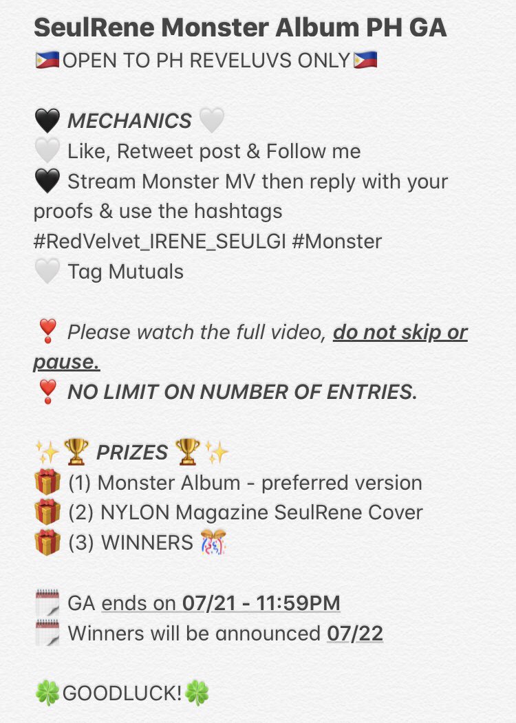 bunnkibum's tweet photo. [PLEASE HELP RT]
🤍🖤 SEULRENE MONSTER ALBUM PH🇵🇭 GIVEAWAY 🖤🤍

🔅 See photo below for the full mechanics 😊

✨🏆 PRIZES 🏆✨
🎁 (1) Monster Album - preferred version
🎁 (2) NYLON Magazine SeulRene Cover
🎁 (3) WINNERS 🎊

#RedVelvet_IRENE_SEULGI #Monster #WatchMonsterNOW https://t.co/AVQ08FrL4G