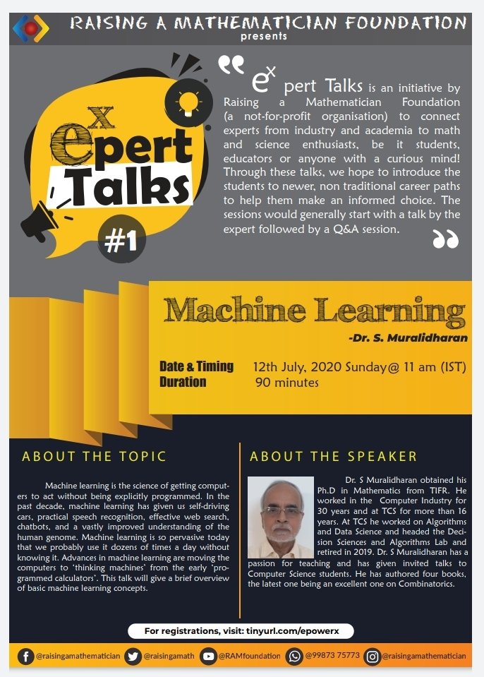raisingamath's tweet image. #ExpertTalks is a series of talks by experts from different fields who will share about not-so-known careers. First talk is on #MachineLearning by Dr. Muralidharan
tinyurl.com/epowerx
Highly recommended for students.
#ePowerX
@IMScChennai @tifrarnab @TIFRScience @HBCSE_TIFR