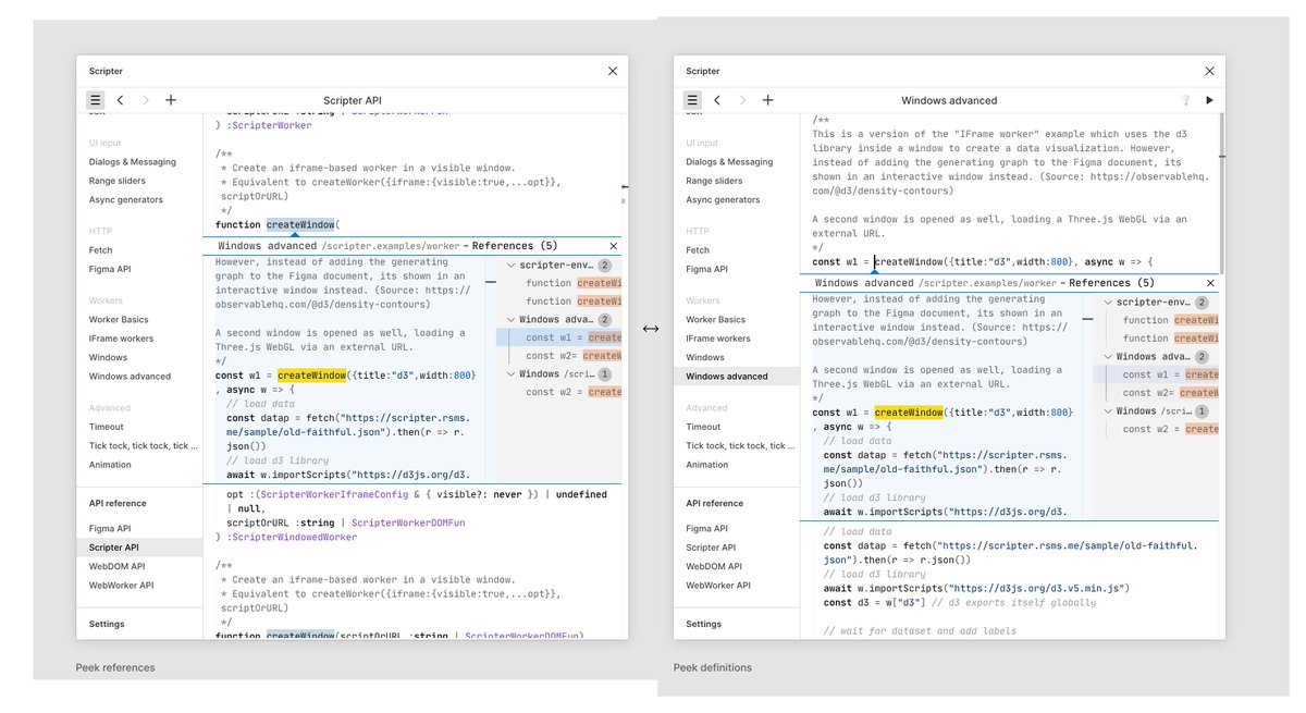 rsms's tweet image. Took some time off Twitter; saved up time for a major new release of Scripter!

Some highlights in this release:
• Workers and UI Windows
• Intellisense w. file navigation
• Navigation history
• Updated UI and new options
• Export all scripts as ZIP
figma.com/community/plug…