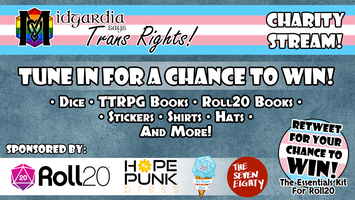 midgardiaRPG's tweet photo. This weekend we'll be running a 2 day Charity Event for @TrevorProject because #TransRightsAreHumanRights! Join us from Sat 12pm MST for a bunch of #ttrpg and #videogames!

Help us spread the word, retweet this for a chance to win the #dnd5e Essentials Kit for @roll20app! https://t.co/UuyigSg3OP