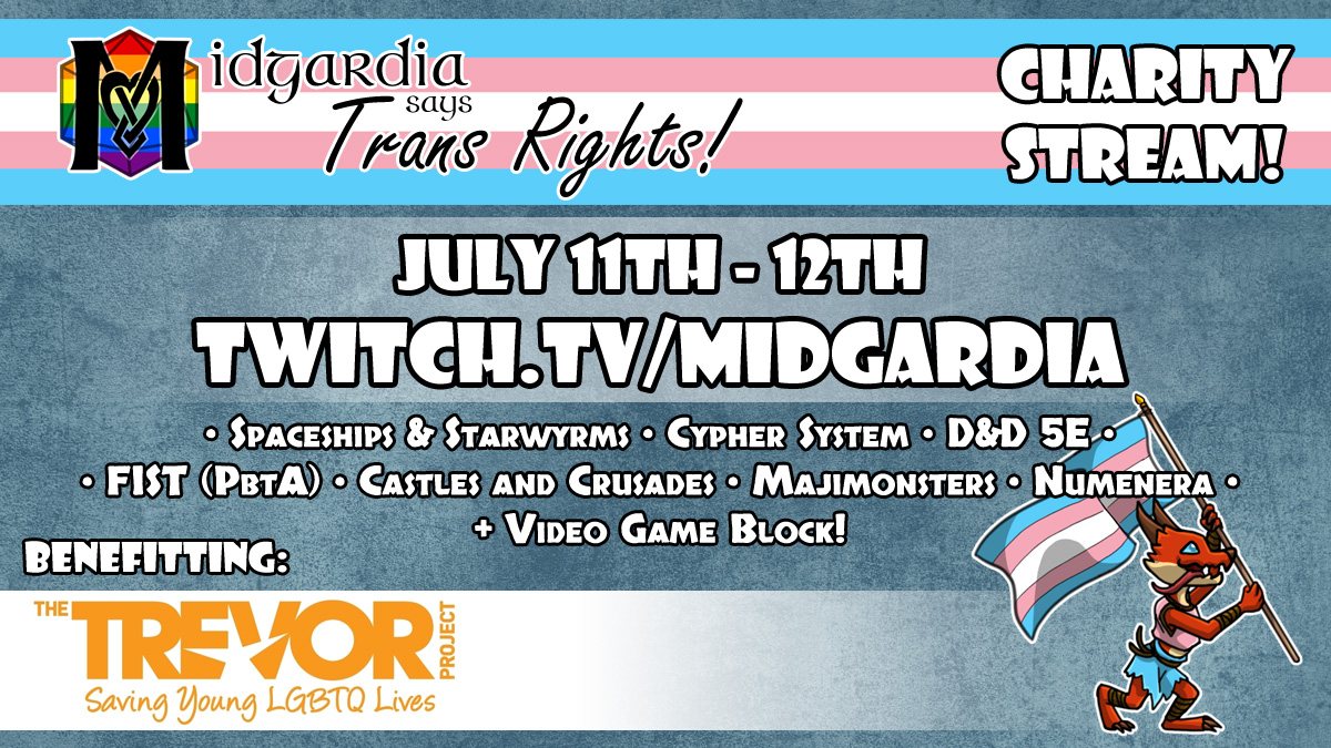 midgardiaRPG's tweet photo. This weekend we'll be running a 2 day Charity Event for @TrevorProject because #TransRightsAreHumanRights! Join us from Sat 12pm MST for a bunch of #ttrpg and #videogames!

Help us spread the word, retweet this for a chance to win the #dnd5e Essentials Kit for @roll20app! https://t.co/UuyigSg3OP