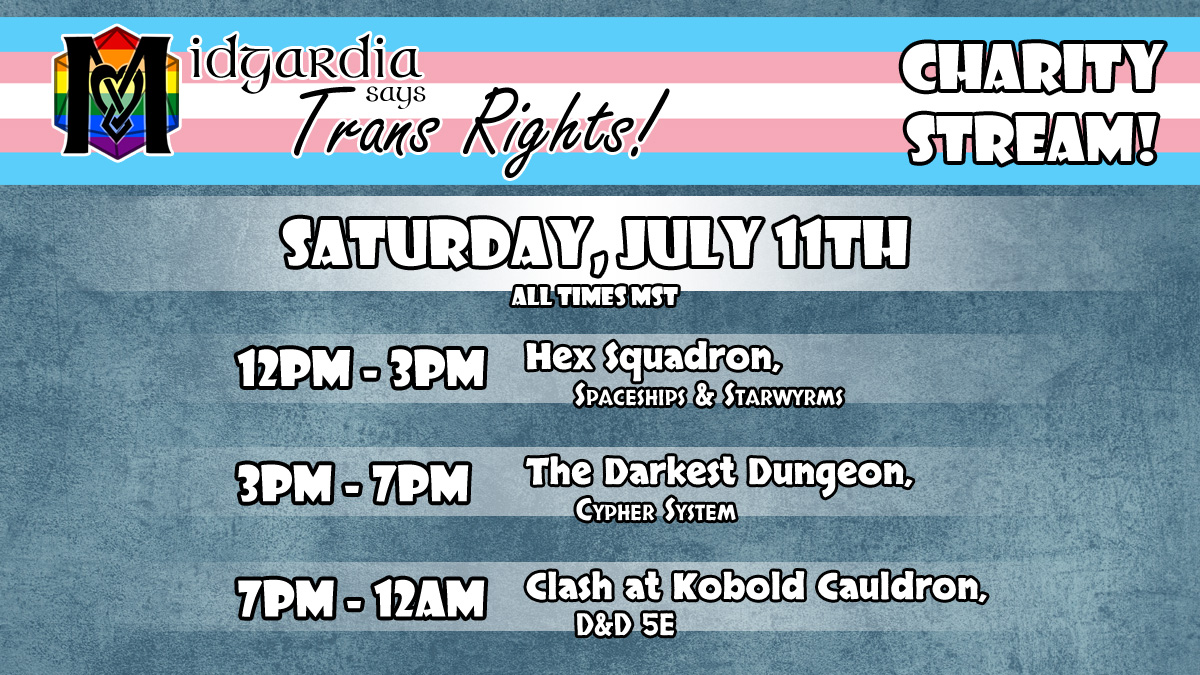 midgardiaRPG's tweet photo. This weekend we'll be running a 2 day Charity Event for @TrevorProject because #TransRightsAreHumanRights! Join us from Sat 12pm MST for a bunch of #ttrpg and #videogames!

Help us spread the word, retweet this for a chance to win the #dnd5e Essentials Kit for @roll20app! https://t.co/UuyigSg3OP
