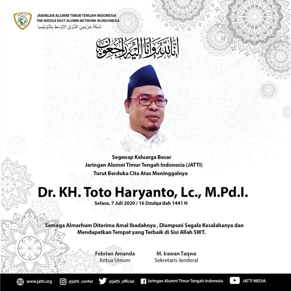jatti_official's tweet photo. Jaringan Alumni Timur Tengah Indonesia Turut Berbelasungkawa Atas Wafatnya Dr. KH. Totok Haryanto, Lc., M.Pd.I., Semoga Husnul Khotimah. @AlAzharUniv
@uas @jatti_official https://t.co/wC2NlCPxsj