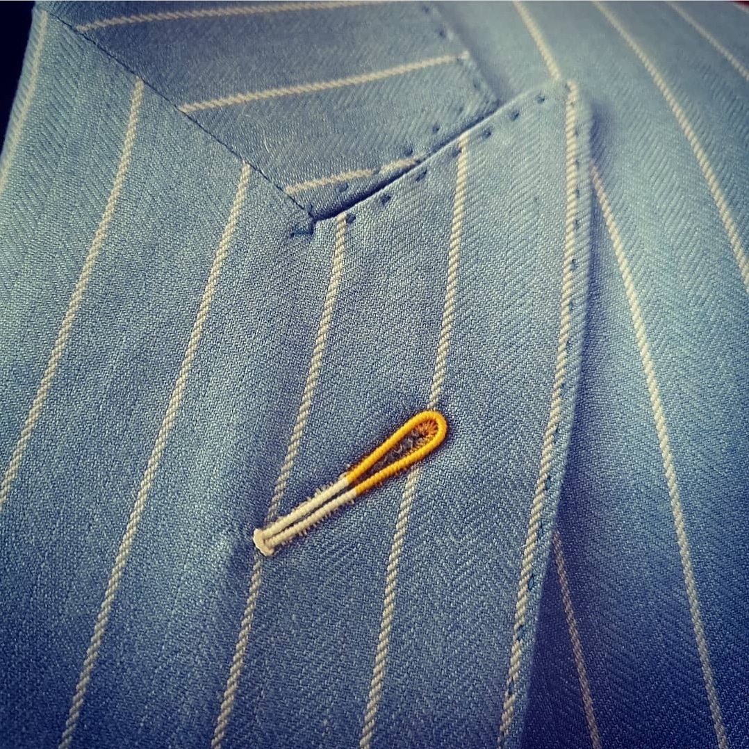 A close photo of funtastic strip hand stitched suit. #Mensuiting #mensuit #tailors #tailormade #tailorshop #tailoring #tailormadeclothes #handmade   #bespokedesign #bespokesuit #bespoke #bespokesuit #mentailor #menstyle #menswear #mensclothing #menclothing  #menshoes #menfashion