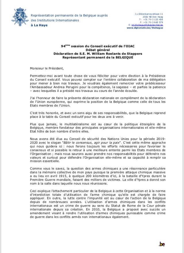 Belgium To Int L Organisations The Hague Belgium Takes Part In The 94th Meeting Of The Executive Council Of The Opcw Iit Report Confirms That Syrian Regime Used Chemicalweapons Against