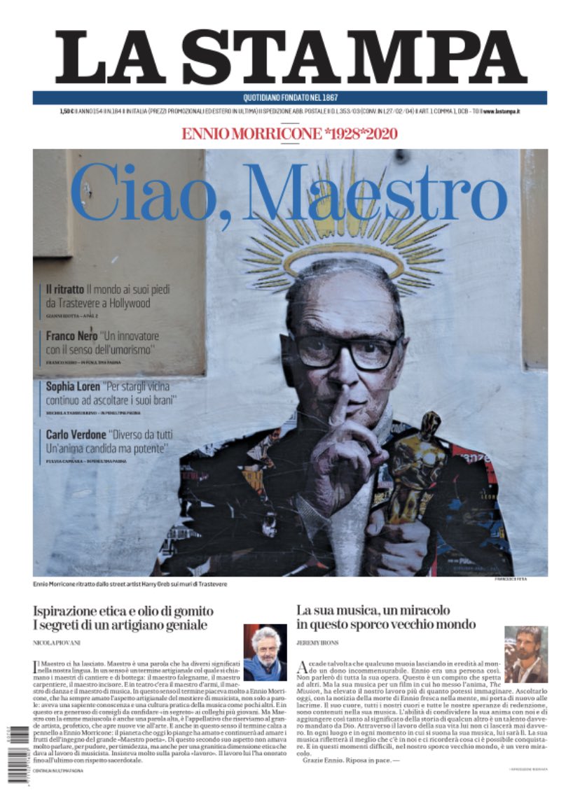 La creatività e la semplicità, la fatica e la forza, la passione e la cura: il nostro omaggio a #Morricone, un Grande Italiano che ha fatto grande l’Italia nel mondo. <a href="/LaStampa/">La Stampa</a> di oggi