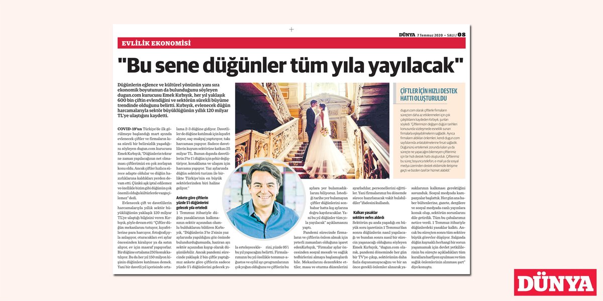 duguncom's tweet photo. Dünya gazetesinin Evlilik Ekonomisi ekinde geniş yer bulduk. CEO'muz Emek Kırbıyık, @dunya_gazetesi 'nde sektöre ve pandemi dönemine ilişkin değerlendirmelerde bulundu.
#düğüncom #duguncom #düğün #düğünsektörü #dugun https://t.co/dkdZLKryMp