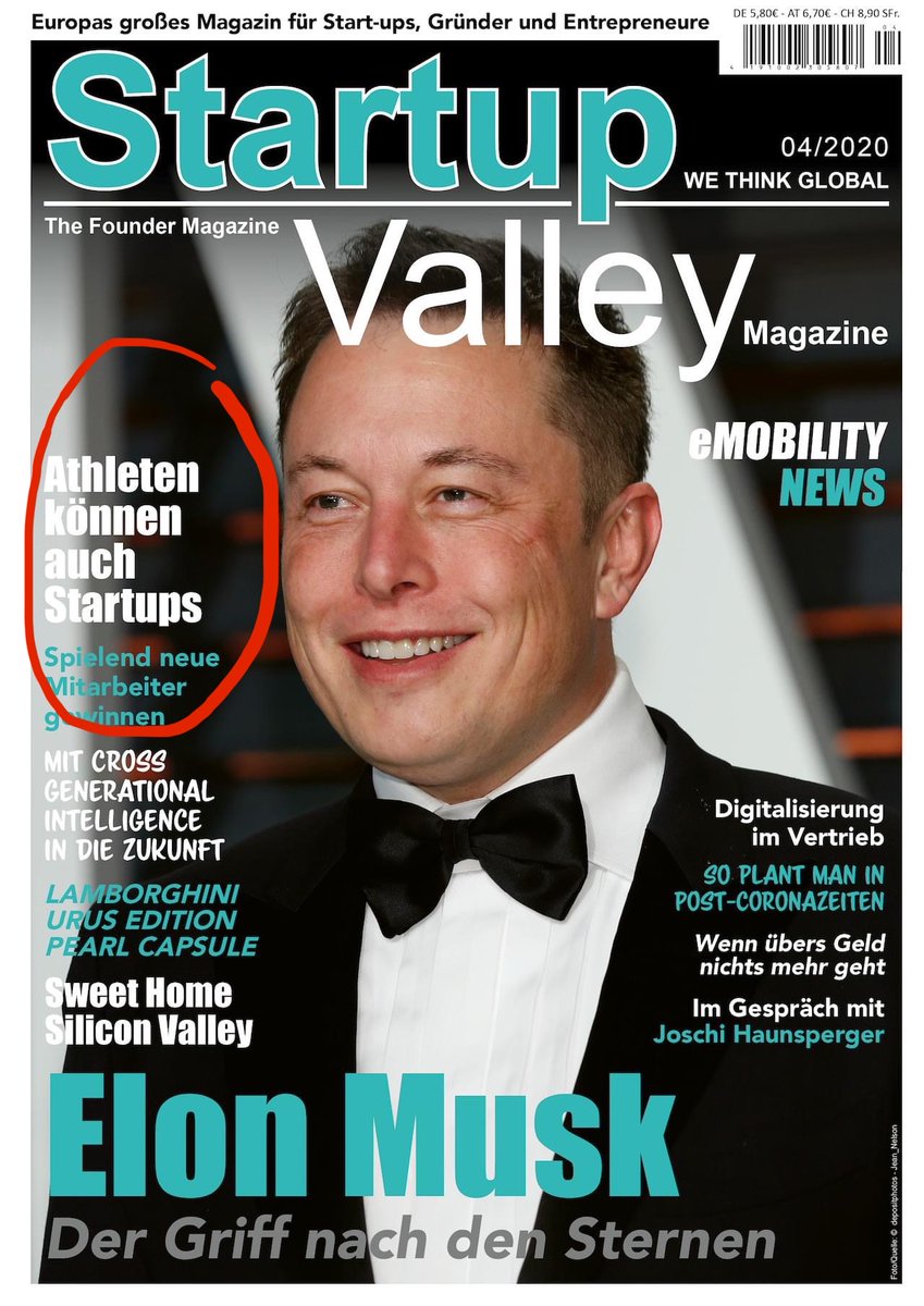 Neben #ElonMusk auf dem Cover als Motivation für Athleten selbst durchzustarten. #Startups als Opportunity?! Welche Perspektiven gibt es? Was ist wichtig auf dem Weg? Von <a href="/jjagla45/">Jan Jagla</a> und <a href="/IrgTBuehrer/">Irg T. Bührer</a> bei <a href="/startup_valley/">StartupValley</a>. Und: Es müssen ja nicht short Shorts sein… #TeslaShortShorts