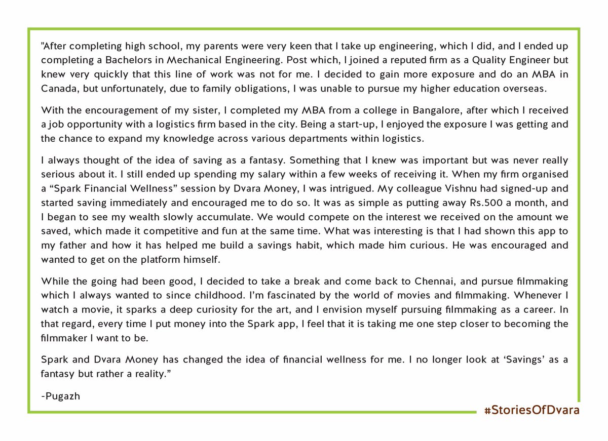 dvara_money's tweet image. “Spark and Dvara Money has changed the idea of financial wellness for me. I no longer look at ‘Savings’ as a fantasy but rather a reality.”- Pugazh #StoriesofDvara #SparkFinancialWellness #Sparkapp instagram.com/p/CCVP-uRHanF/