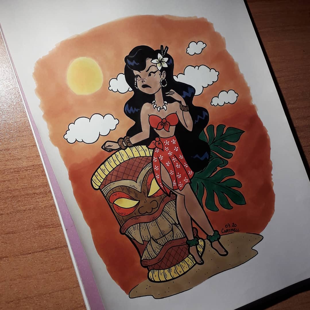 CoraCartmell's tweet photo. Ça faisait longtemps que je n'avais pas touché aux feutres à alcool...
J'en ai chié avec mon torticolis, mais je suis venue à bout !

#pinup #rockabilly #tiki #polynesian #hawaii #tropical #tikipinup #tropicalpinup #hula #huladance #tikibar #summer https://t.co/aGEhgerQe8