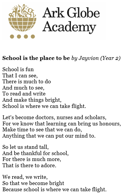 ArkGlobeAcademy's tweet photo. Congratulations to Jayvion (Year 2) for winning the previous week's #poetry championship - to enter the competition go to: https://t.co/2DzVU899LP #globeconnect https://t.co/Y8088Yq2lr