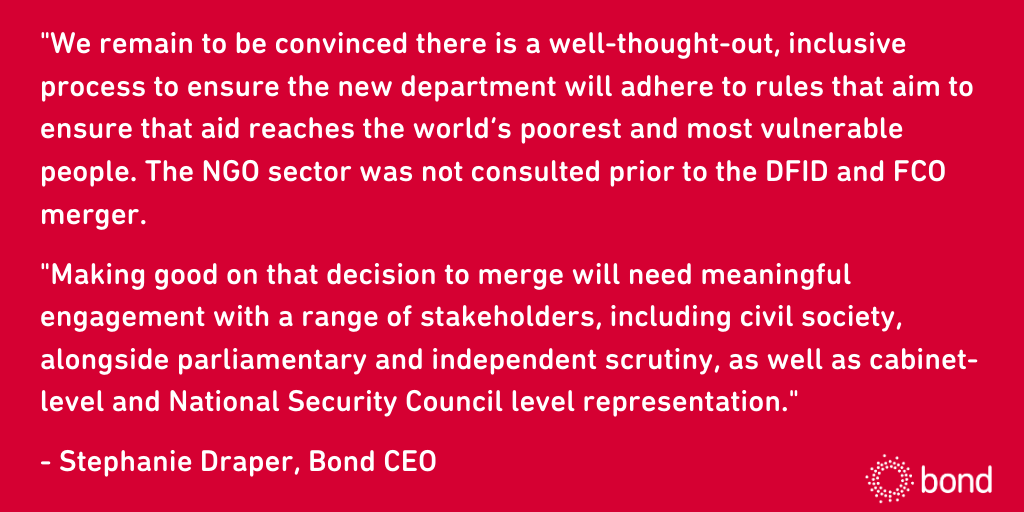 bondngo's tweet photo. Our response to yesterday's IDC enquiry into the DFID/FCO merger, from our CEO @SDStephDraper.
You can read the full, accessible quote here: https://t.co/OgFgxnHZUX #SaveDFID #SaveAid https://t.co/V3QZxMLKyf