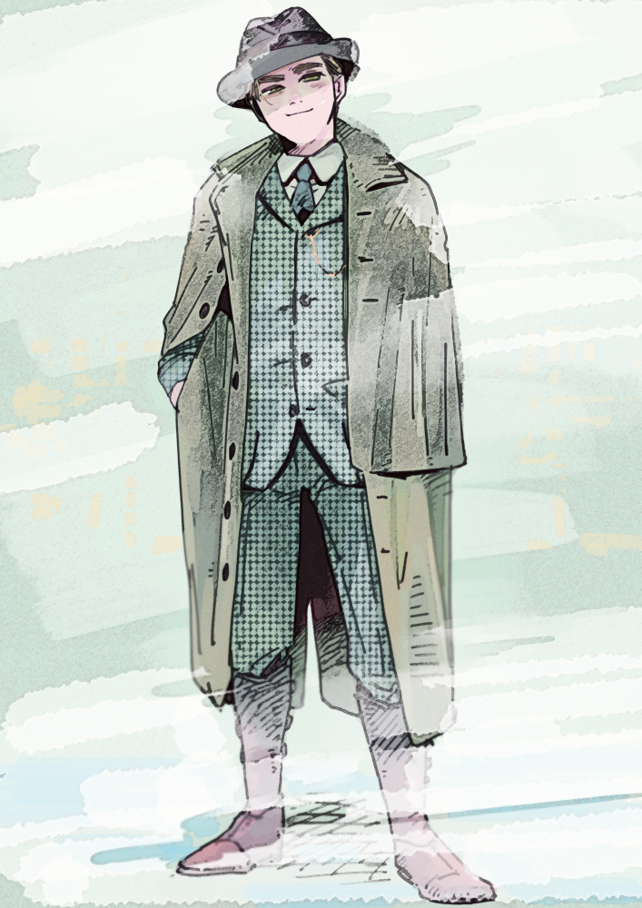 solo male focus 1boy necktie hat coat full body  illustration images
