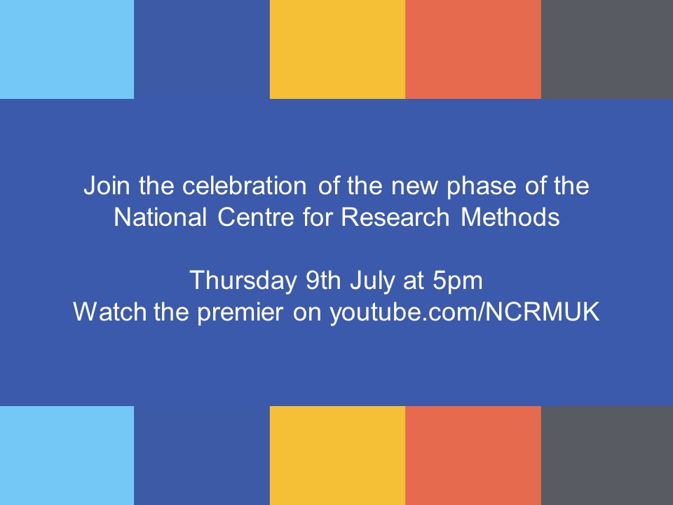 NCRMUK's tweet photo. Follow this link https://t.co/XPxTHft6fD to watch the celebration of the new phase of NCRM! YouTube Premiere 9th July 5pm! @ESRC @GeogDave @m_nind @SAGE_Methods @UoSDocCollege @WISERDNews @TheSRAOrg @dannydorling @profbigvern @parkali @UKDataService @methodsMcr @EdinburghUni https://t.co/qIVSXI5Ul5