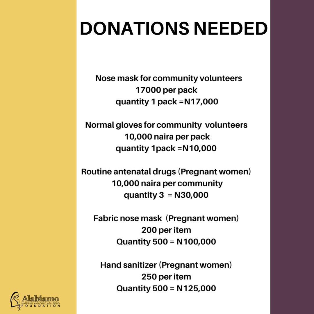 See full list of items we need for our first free health outreach in underserved communities in Lagos state since CoVid19 lockdown #givinbirthinnigeria #COVID19Nigeria #maternalhealthafrica #maternalhealthlagos #everywomaneverychild #unfpanigeria #covid19naijaresponse