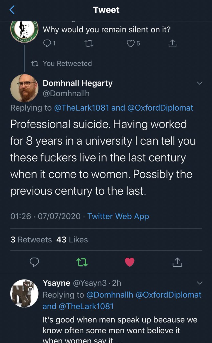 I wish I could pin this tweet on this thread somehow by  @Domhnallh. But he sums it’s perfectly as to why I wouldn’t actively speak out. Oh and you say, I personally appreciate beyond measure men validiting these experiences. To me, it means so so much.