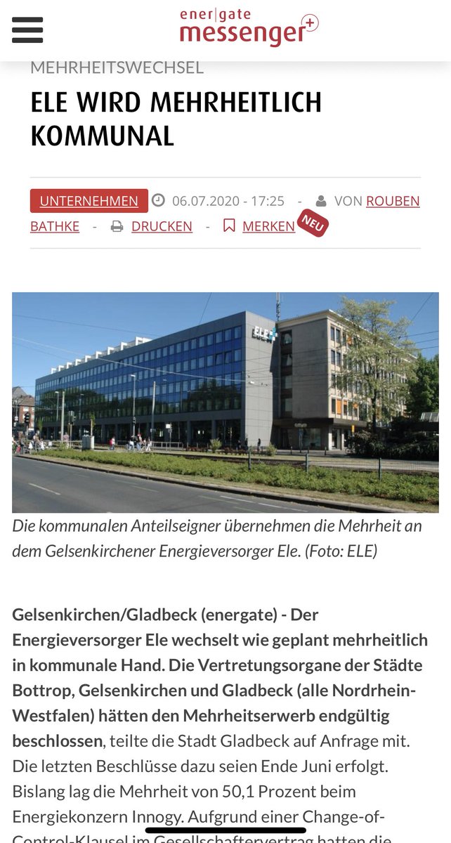 UdoSiev's tweet image. Städte @_Gelsenkirchen_ @bottrop @Stadt_Gladbeck übernehmen Mehrheit bei @innogy Tochter #ELE. Dafür reichen 0,2% von 49,9% auf 50,1%. 
Gut! 
#ChangeofControl-Klausel

energate-messenger.de/news/203774/el…