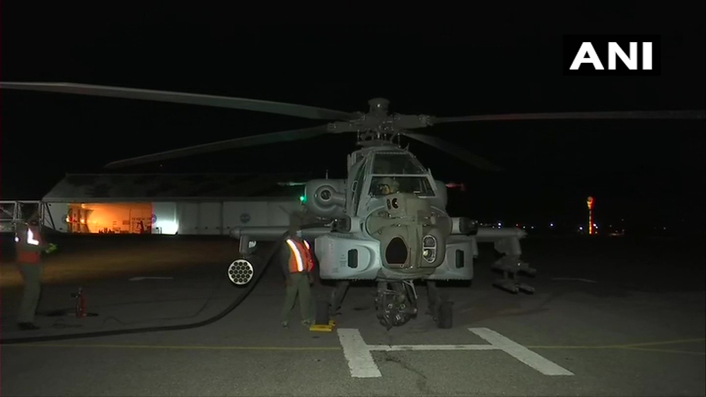ANI's tweet photo. Indian Air Force (IAF) Apache attack helicopter at a forward airbase near India-China border carried out night operations. https://t.co/oPbB02hsQM