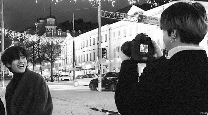 jungkook taking pictures of taehyung a night before they flew back to London (France, 1958)