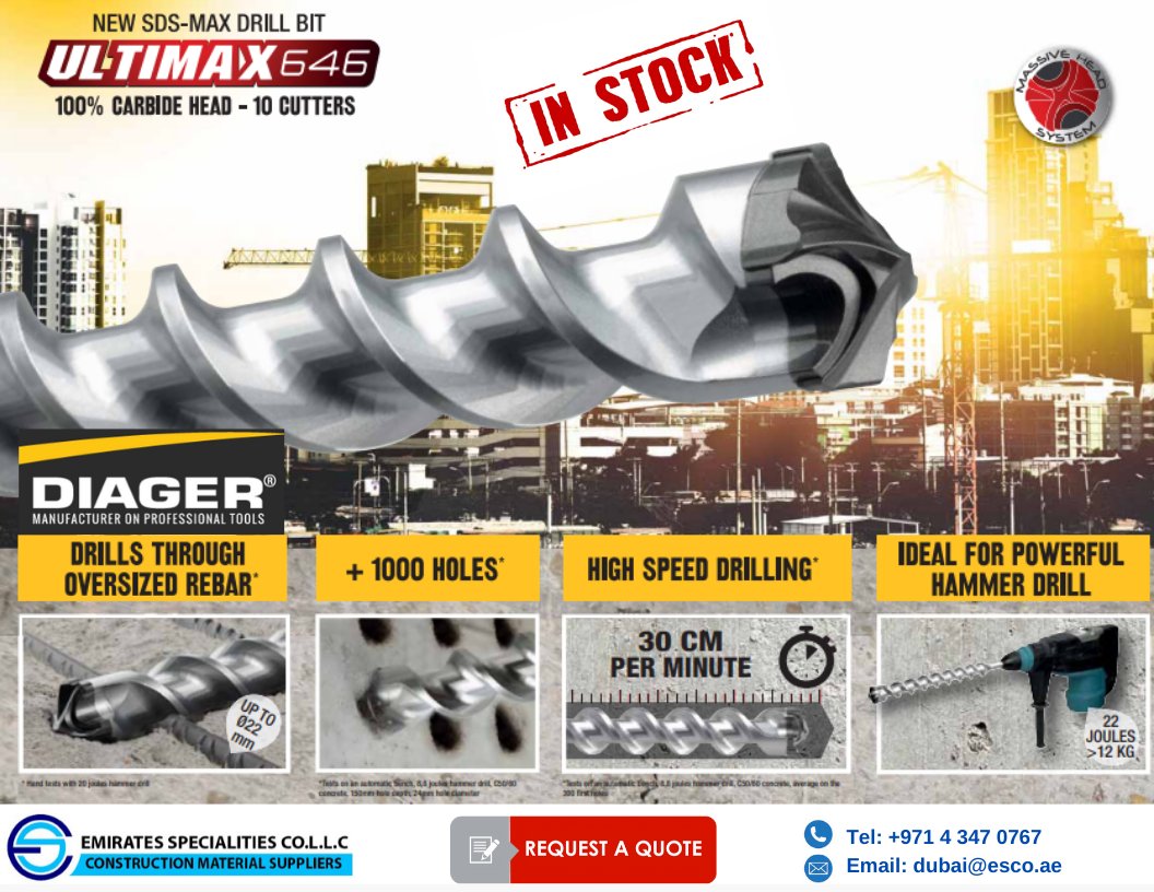 esco_spec's tweet photo. #DIAGER #HAMMERDRILLBIT SDS MAX 10 CUTTING EDGES ULTIMAX 646 - The ultimate technology to drill all concrete rebars!
#ConcreteDrillBits
#Hammer #drill
#DiagerUltimax646
#sdsmax #ConstructionTools
#construction #PowerTools
#diagerdrillbits
#Civilengineering
#contractors https://t.co/ClDrCyQjns