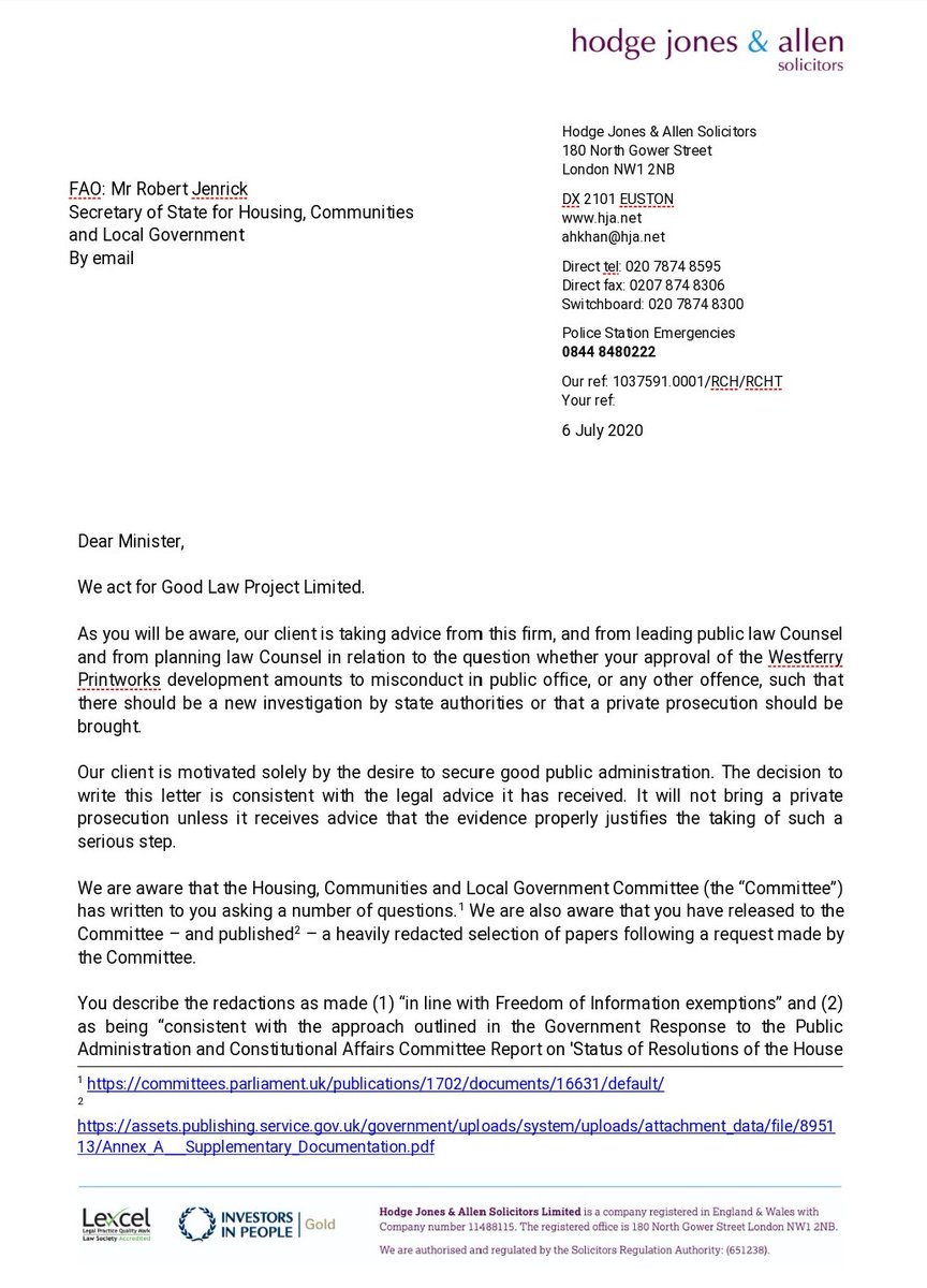 On 6 July 2020 our lawyers wrote to Mr Jenrick pointing out he promised to “help ensure the highest standards in public life” and asking him – under whatever conditions he wanted – to let us review unredacted correspondence. He failed to respond.