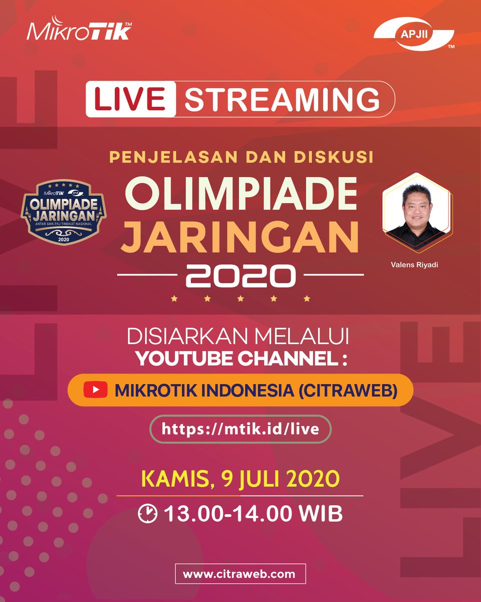 mikrotik_id's tweet photo. Saksikan penjelasan dan diskusi yang akan membahas mengenai "Olimpiade Jaringan Mikrotik-APJII 2020"
Hanya melalui Youtube Channel Mikrotik Indonesia (Citraweb)
https://t.co/OdrR2S6NDp
Tanggal 9 Juli 2020
Jam 13:00-14:00 WIB
#OlimpiadeJaringan #OJM2020 #Mikrotik #APJII #Citraweb https://t.co/IO8fvA4LPs