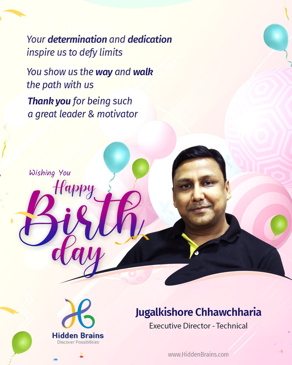 HiddenBrains's tweet photo. Hidden Brains family sends warm birthday wishes to Mr JugalKishore Chhawchharia, Executive Director – Technical. We wish you happiness and success always, as well as thank you for your leadership and mentoring. #HappyBirthday #LifeAtHB #Leader https://t.co/2dKzdhnzgL