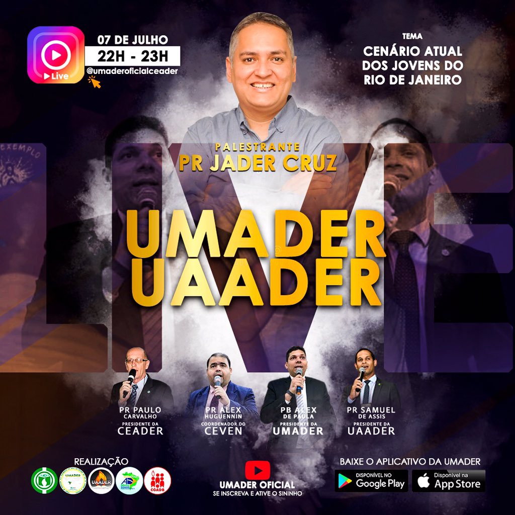 UmaderOficial's tweet photo. 🔴 LIVE DA UMADER &amp; UAADER NO INSTAGRAM.
🔹 Nesta terça-feira (07/07, das 22h às 23h.
📝 Tema: Cenário atual dos Jovens do RJ.
🎤 Palestrante. Pr. Jader Cruz | Psicólogo.

👇🏽Acesse esse link assista!👇🏽
https://t.co/moeAyXk2ta

#UMADER
#UAADER
#CEADER
#TudoPelaSalvaçãoDoHomem https://t.co/zpvXxgrynj
